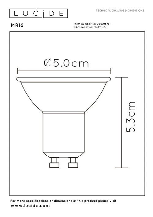 Lucide MR16 - Led lamp - Ø 5 cm - LED Dimb. - GU10 - 1x5W 3000K - Wit - technisch